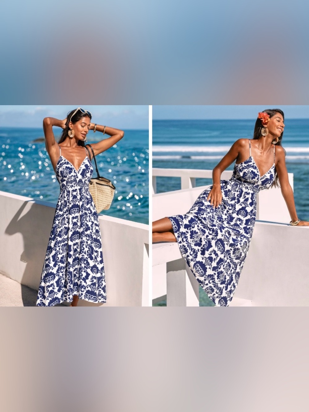 Cupshe Blue & White Floral Maxi Sundress